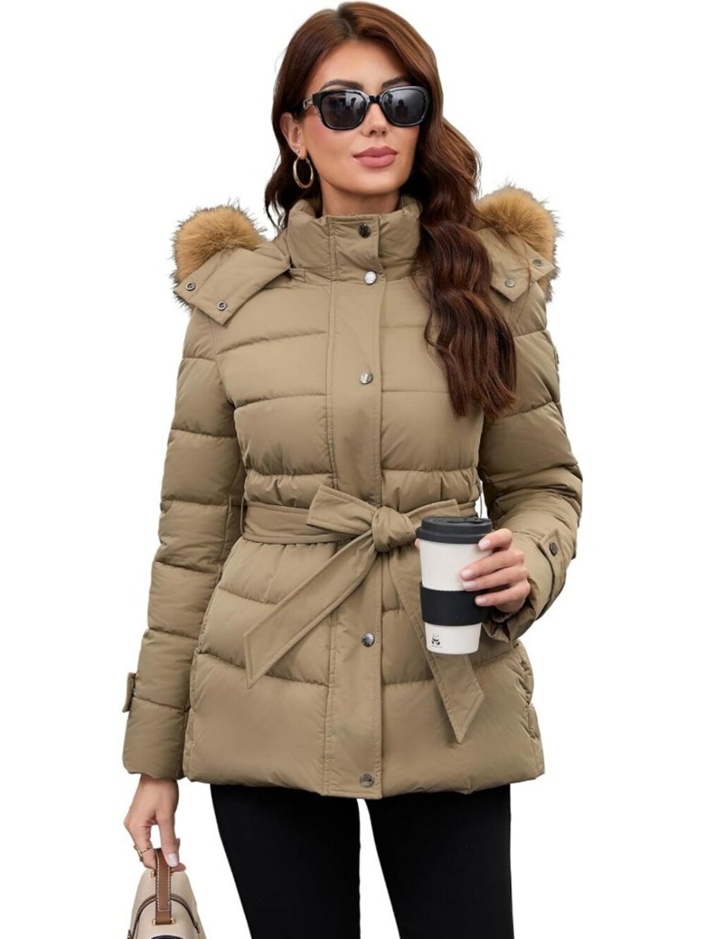 Stylish Women's Mid-Length Puffer Coat with Belt & Detachable Faux Fur Collar